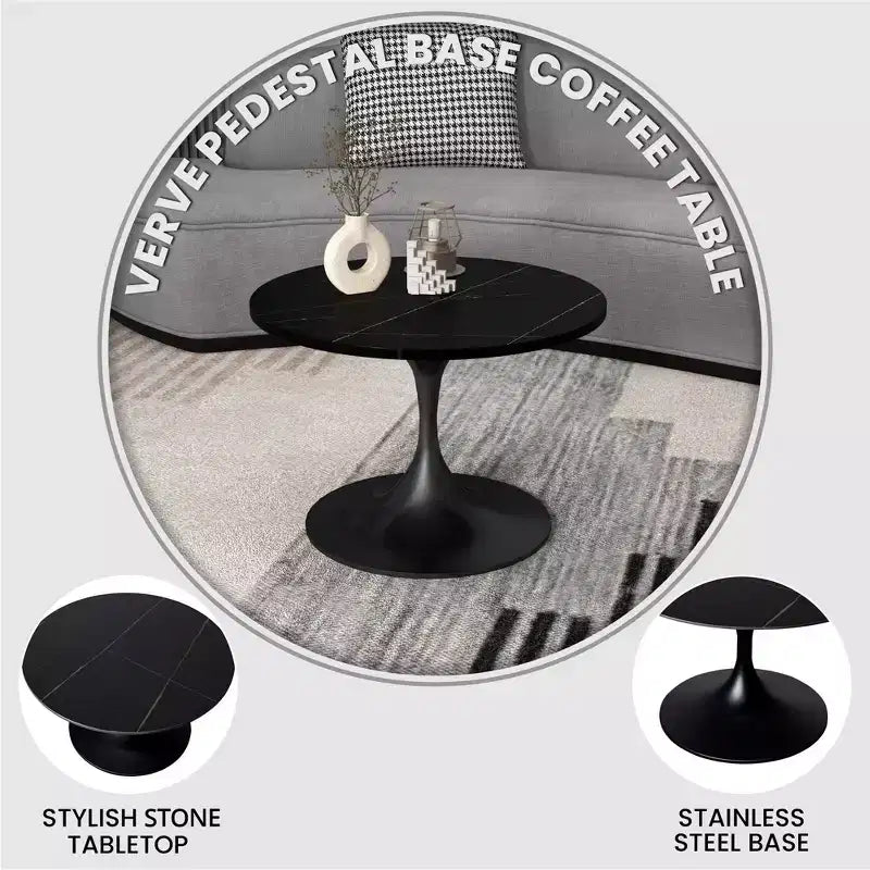 LeisureMod Verve Tavolino Rotondo da Caffè 24" - Piano in Pietra Sinterizzata e Moderna Base a Piedistallo Nera Tavolino d'Appoggio per Soggiorno Contemporaneo