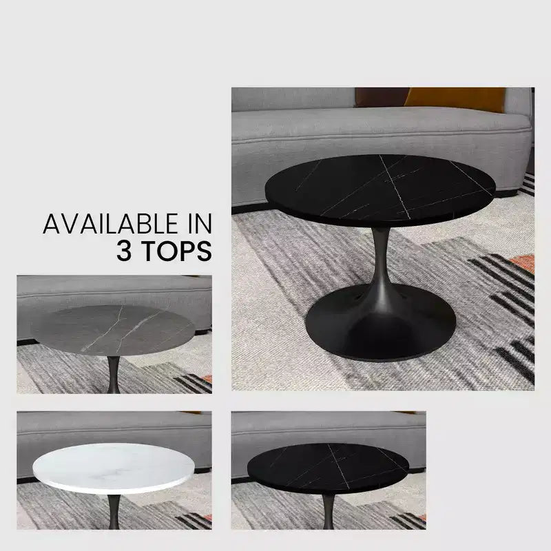LeisureMod Verve Tavolino Rotondo da Caffè 24" - Piano in Pietra Sinterizzata e Moderna Base a Piedistallo Nera Tavolino d'Appoggio per Soggiorno Contemporaneo