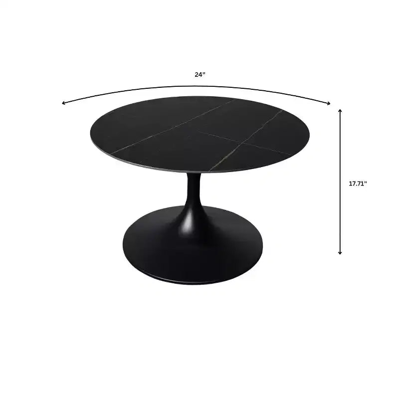 LeisureMod Verve Tavolino Rotondo da Caffè 24" - Piano in Pietra Sinterizzata e Moderna Base a Piedistallo Nera Tavolino d'Appoggio per Soggiorno Contemporaneo