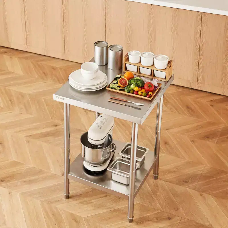 VEVOR Tavolo da Lavoro in Acciaio Inossidabile, 61 x 61 x 86 cm, 317,5 kg di Carico, Banco da Lavoro in Metallo Resistente con 3 Livelli di Altezza Regolabile