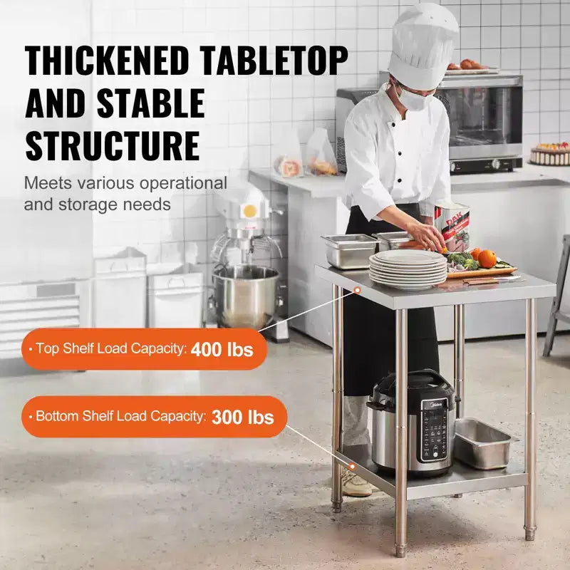 VEVOR Tavolo da Lavoro in Acciaio Inossidabile, 61 x 61 x 86 cm, 317,5 kg di Carico, Banco da Lavoro in Metallo Resistente con 3 Livelli di Altezza Regolabile