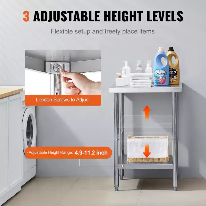 VEVOR Tavolo da Lavoro in Acciaio Inossidabile, 61 x 61 x 86 cm, 317,5 kg di Carico, Banco da Lavoro in Metallo Resistente con 3 Livelli di Altezza Regolabile