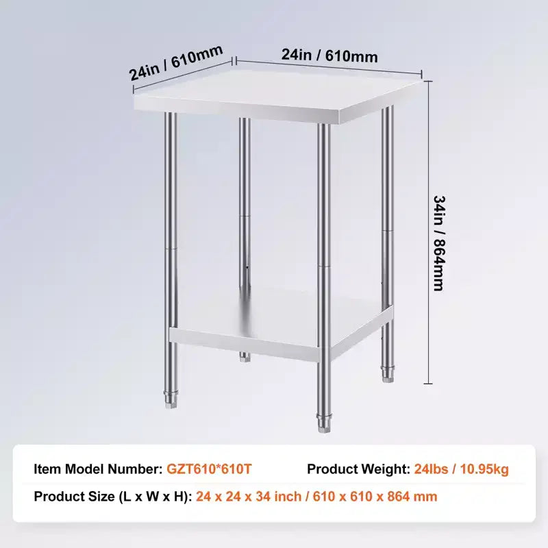 VEVOR Tavolo da Lavoro in Acciaio Inossidabile, 61 x 61 x 86 cm, 317,5 kg di Carico, Banco da Lavoro in Metallo Resistente con 3 Livelli di Altezza Regolabile