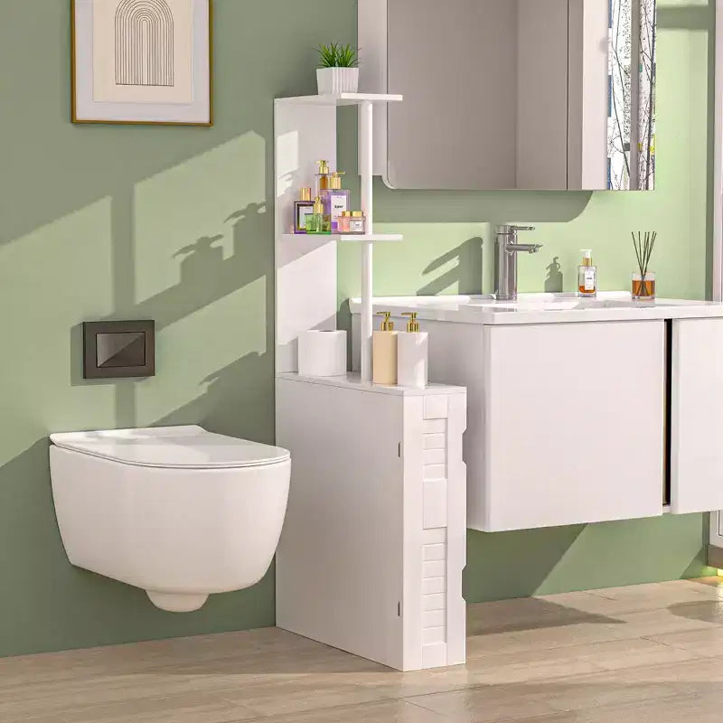VECELO Armadietto sottile da bagno, organizer salvaspazio da bagno con 2 ripiani aperti e anta, mobiletto autoportante per piccoli spazi, bianco