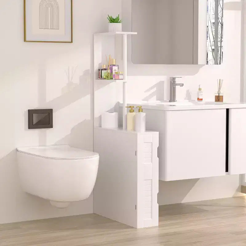 VECELO Armadietto sottile da bagno, organizer salvaspazio da bagno con 2 ripiani aperti e anta, mobiletto autoportante per piccoli spazi, bianco