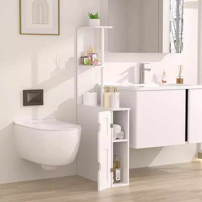 VECELO Armadietto sottile da bagno, organizer salvaspazio da bagno con 2 ripiani aperti e anta, mobiletto autoportante per piccoli spazi, bianco