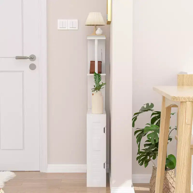 VECELO Armadietto sottile da bagno, organizer salvaspazio da bagno con 2 ripiani aperti e anta, mobiletto autoportante per piccoli spazi, bianco