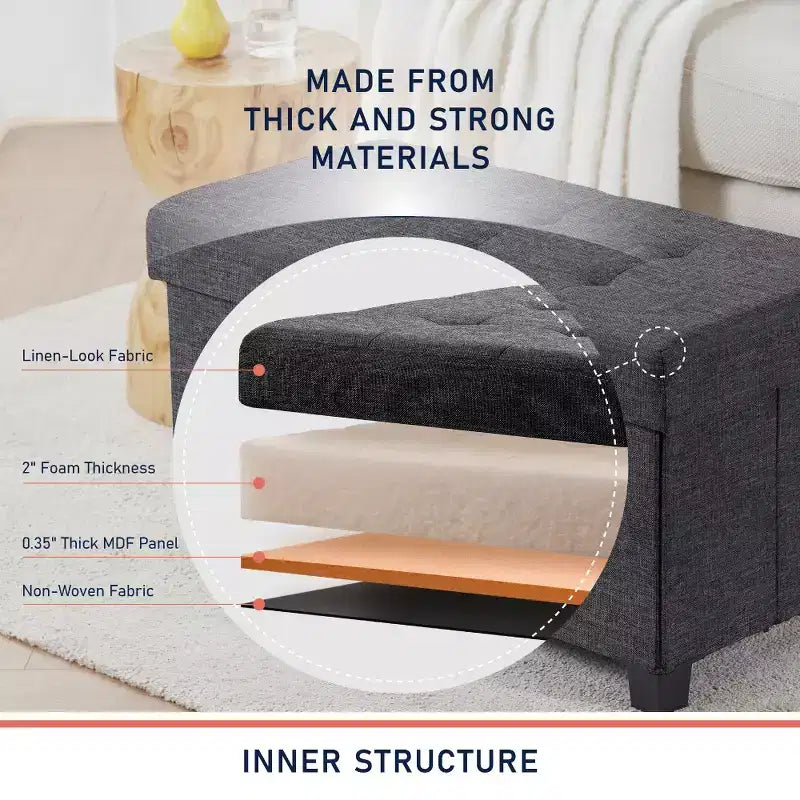 Panca contenitore/ottoman Ornavo Home pieghevole, capitonné, da 76 cm, in lino, con gambe, per camera da letto, ingresso e soggiorno