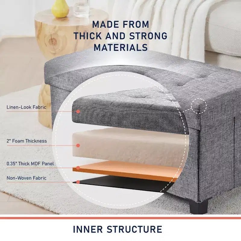 Panca contenitore/ottoman Ornavo Home pieghevole, capitonné, da 76 cm, in lino, con gambe, per camera da letto, ingresso e soggiorno