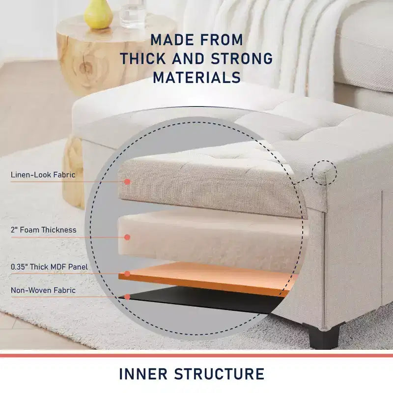 Panca contenitore/ottoman Ornavo Home pieghevole, capitonné, da 76 cm, in lino, con gambe, per camera da letto, ingresso e soggiorno