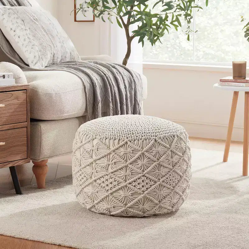 Ornavo Home Pouf Ottomano Intrecciato Macramè in Cotone - 18,5 x 15