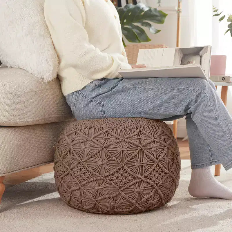 Ornavo Home Pouf Ottomano Intrecciato Macramè in Cotone - 18,5 x 15