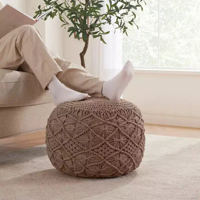 Ornavo Home Pouf Ottomano Intrecciato Macramè in Cotone - 18,5 x 15