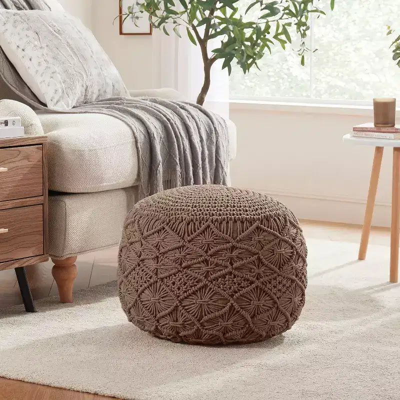 Ornavo Home Pouf Ottomano Intrecciato Macramè in Cotone - 18,5 x 15