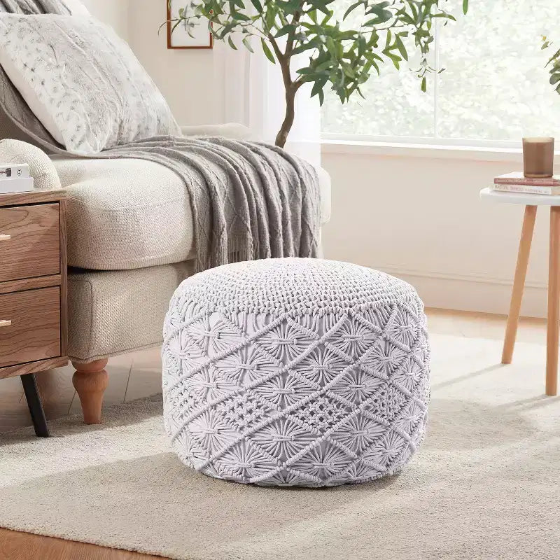 Ornavo Home Pouf Ottomano Intrecciato Macramè in Cotone - 18,5 x 15