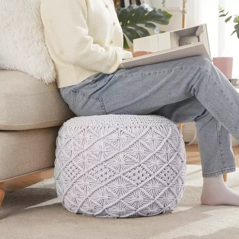 Ornavo Home Pouf Ottomano Intrecciato Macramè in Cotone - 18,5 x 15