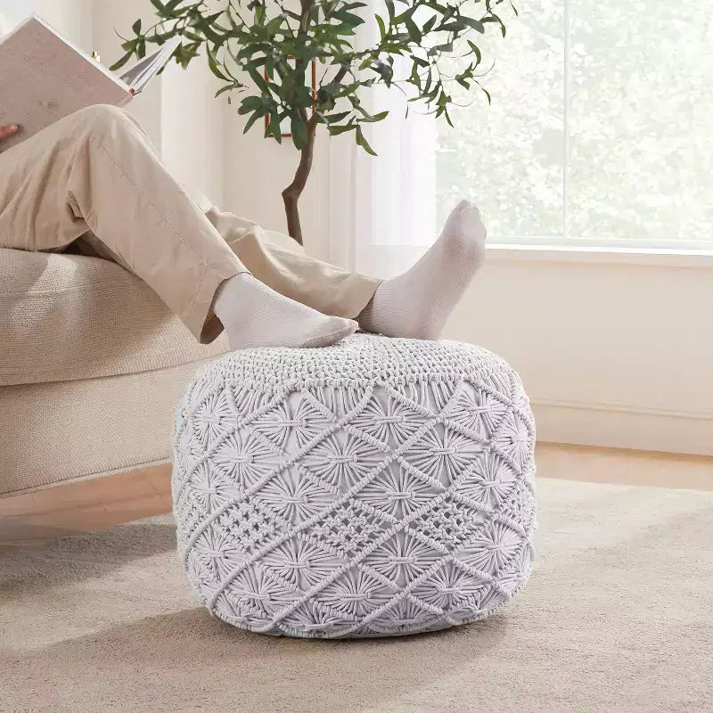 Ornavo Home Pouf Ottomano Intrecciato Macramè in Cotone - 18,5 x 15