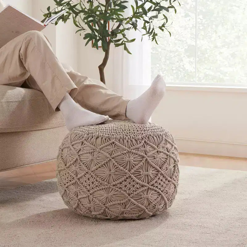 Ornavo Home Pouf Ottomano Intrecciato Macramè in Cotone - 18,5 x 15