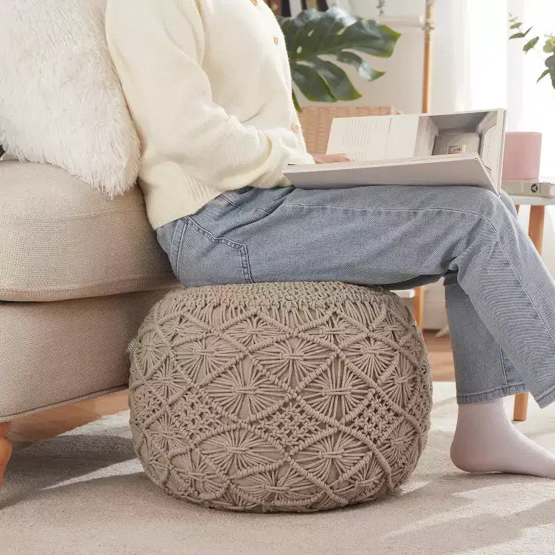 Ornavo Home Pouf Ottomano Intrecciato Macramè in Cotone - 18,5 x 15