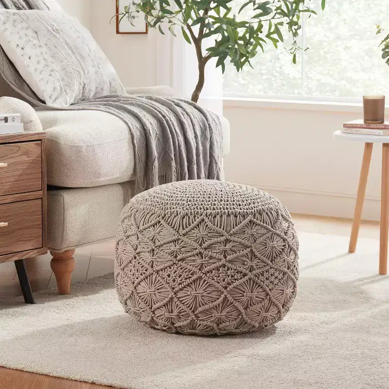 Ornavo Home Pouf Ottomano Intrecciato Macramè in Cotone - 18,5 x 15