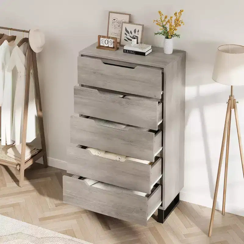 Comò a 5 cassetti per camera da letto, Comodino alto 51 pollici, Cassettiera verticale indipendente con ripiani, Cassettiera in legno per soggiorno, camera da letto