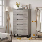 Comò a 5 cassetti per camera da letto, Comodino alto 51 pollici, Cassettiera verticale indipendente con ripiani, Cassettiera in legno per soggiorno, camera da letto