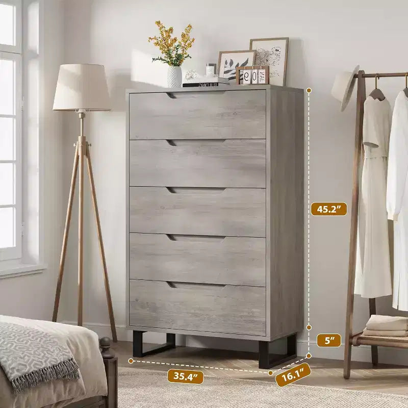 Comò a 5 cassetti per camera da letto, Comodino alto 51 pollici, Cassettiera verticale indipendente con ripiani, Cassettiera in legno per soggiorno, camera da letto