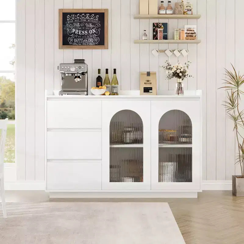 Credenza a Buffet con Anta in Vetro, Mobile Contenitore Moderno con Luci Led e Ripiani Regolabili per Soggiorno, Sala da Pranico, Bianco