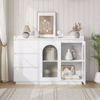 Credenza a Buffet con Anta in Vetro, Mobile Contenitore Moderno con Luci Led e Ripiani Regolabili per Soggiorno, Sala da Pranico, Bianco