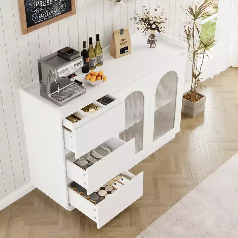 Credenza a Buffet con Anta in Vetro, Mobile Contenitore Moderno con Luci Led e Ripiani Regolabili per Soggiorno, Sala da Pranico, Bianco