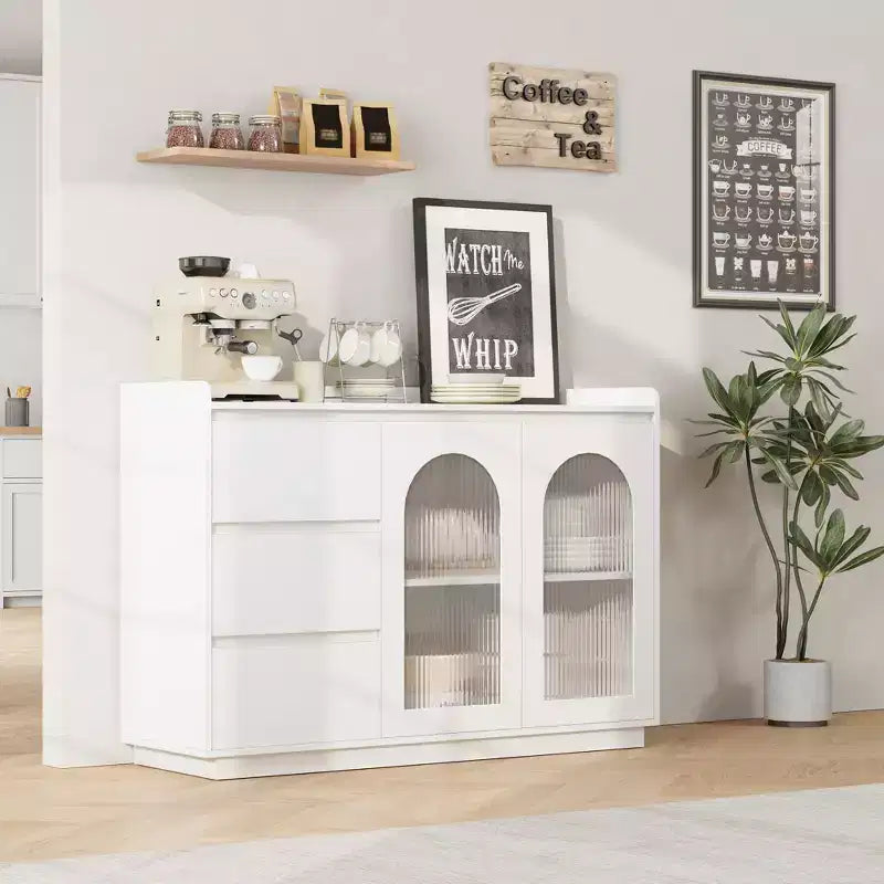 Credenza a Buffet con Anta in Vetro, Mobile Contenitore Moderno con Luci Led e Ripiani Regolabili per Soggiorno, Sala da Pranico, Bianco