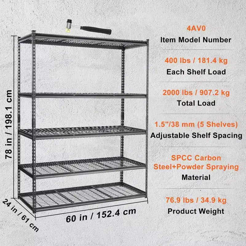 Scaffale portaoggetti VEVOR, 5 ripiani regolabili, capacità 907 kg, scaffali da garage resistenti, organizzatore in metallo, scaffalatura a filo metallico