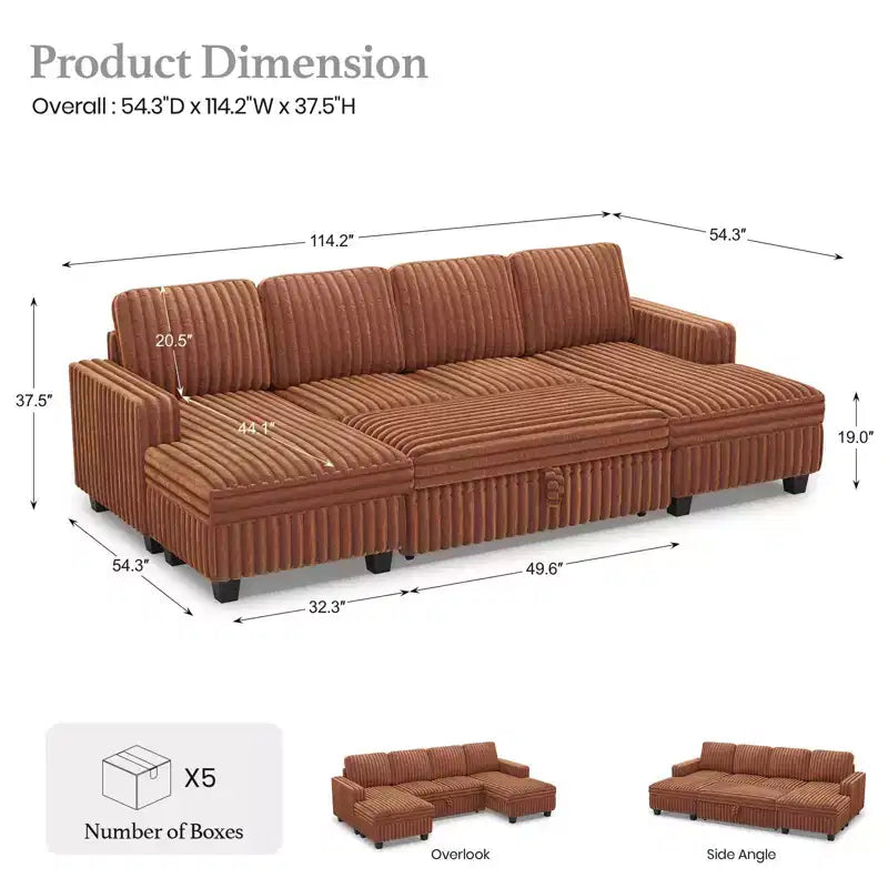 Divano letto componibile modulare Belffin con letto estraibile, in corduroy, doppia chaise longue con contenitore