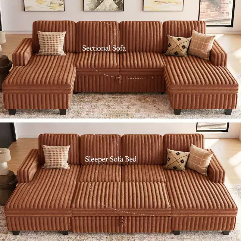 Divano letto componibile modulare Belffin con letto estraibile, in corduroy, doppia chaise longue con contenitore
