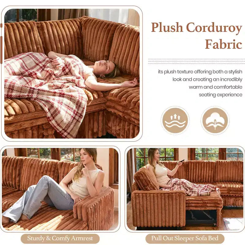 Divano letto componibile modulare Belffin con letto estraibile, in corduroy, doppia chaise longue con contenitore