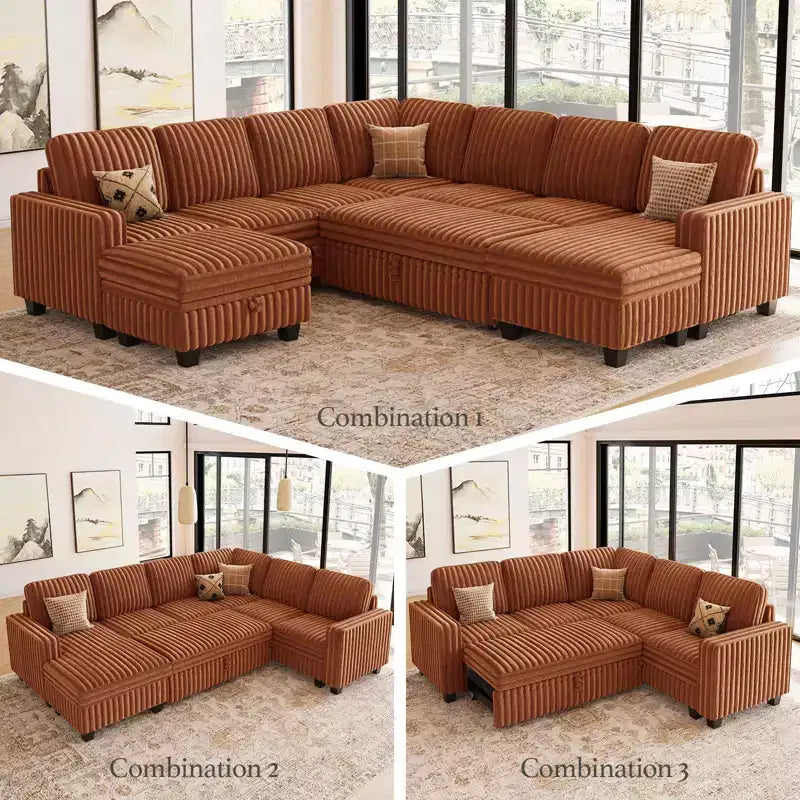 Divano letto componibile modulare Belffin con letto estraibile, in corduroy, doppia chaise longue con contenitore