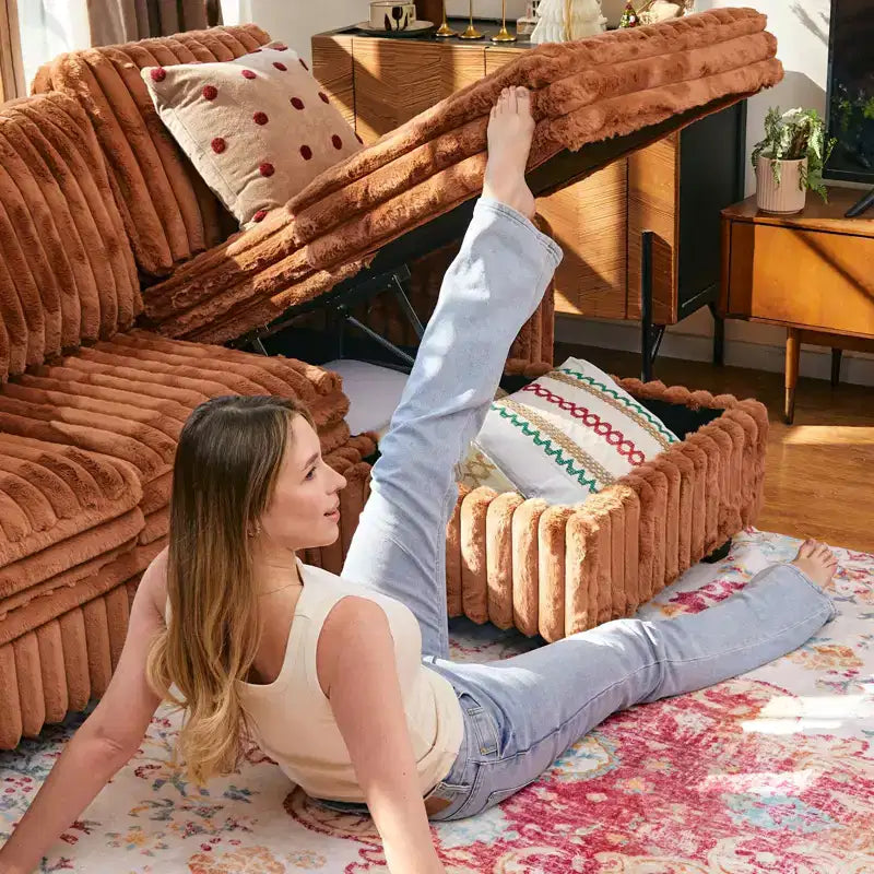Divano letto componibile modulare Belffin con letto estraibile, in corduroy, doppia chaise longue con contenitore