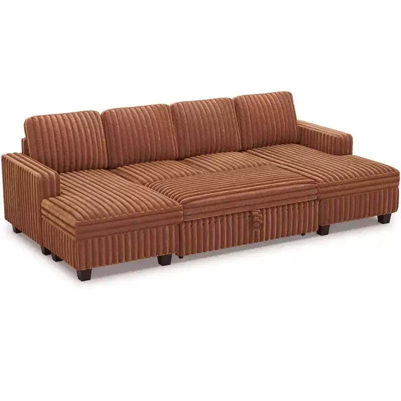 Divano letto componibile modulare Belffin con letto estraibile, in corduroy, doppia chaise longue con contenitore