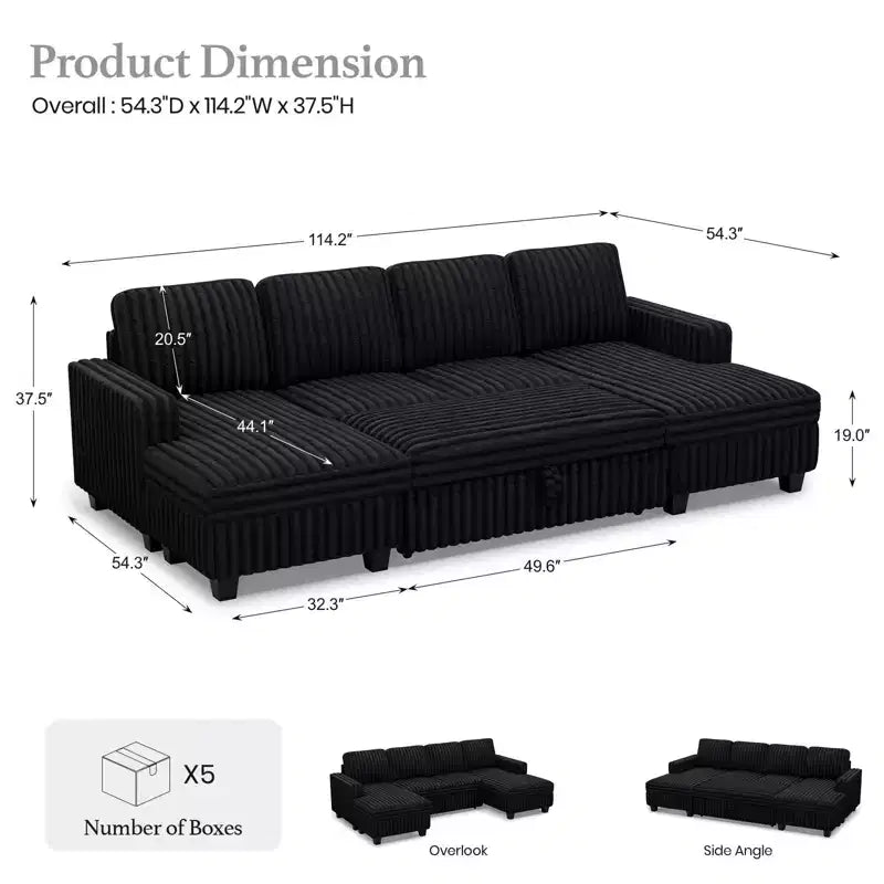 Divano letto componibile modulare Belffin con letto estraibile, in corduroy, doppia chaise longue con contenitore