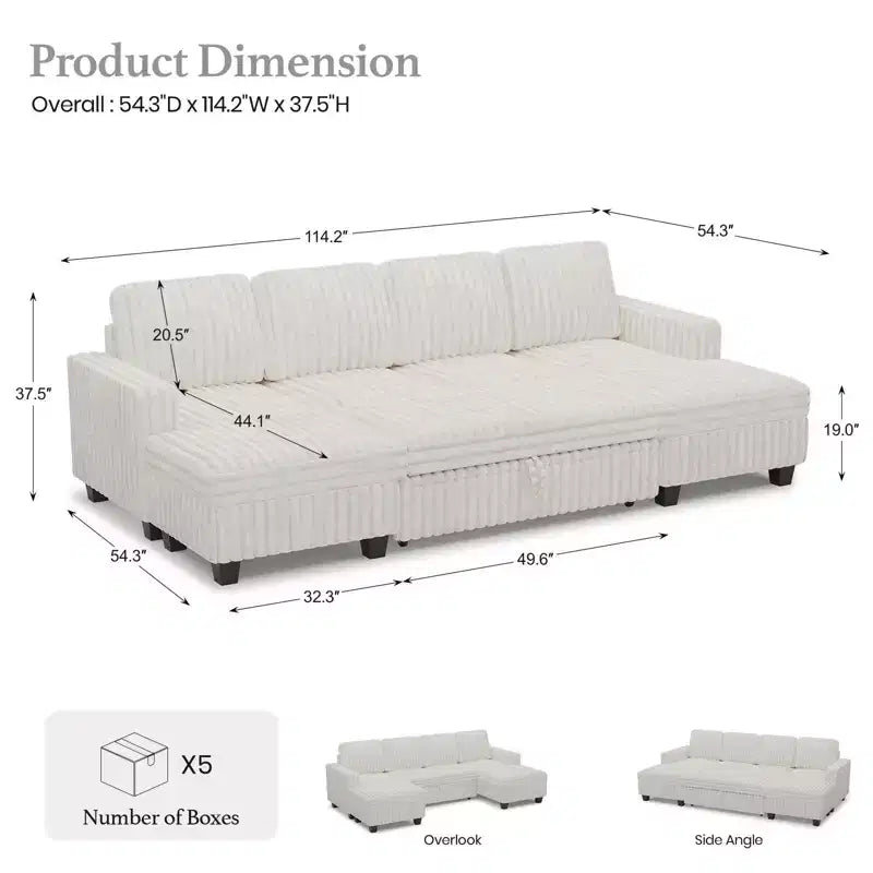 Divano letto componibile modulare Belffin con letto estraibile, in corduroy, doppia chaise longue con contenitore
