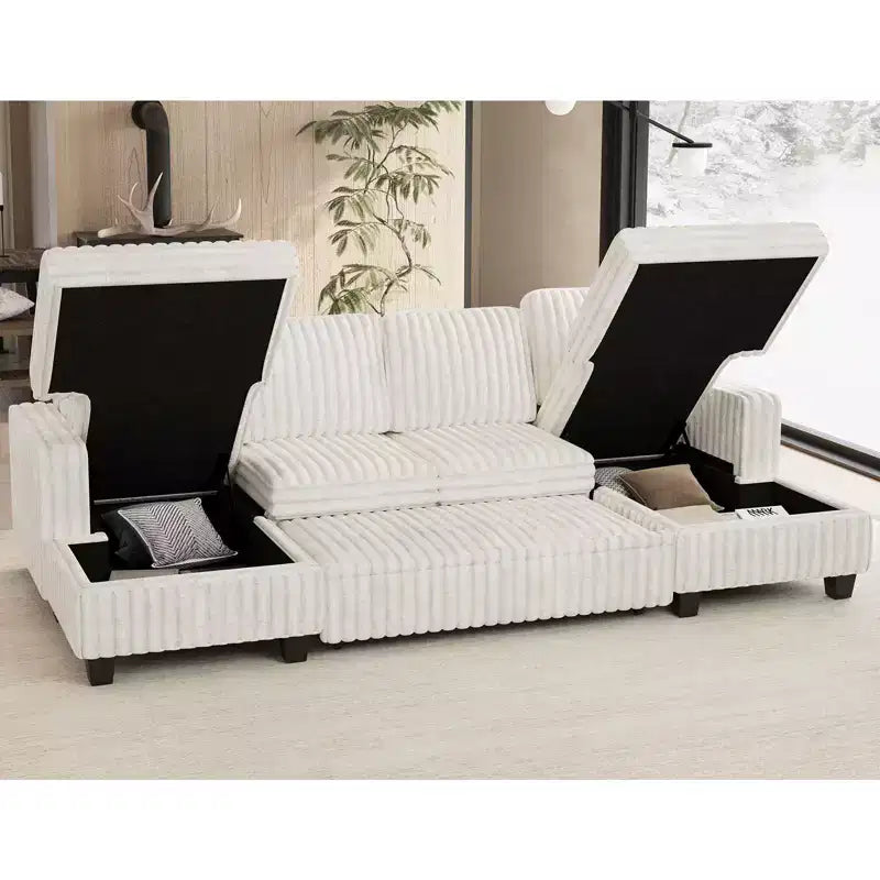 Divano letto componibile modulare Belffin con letto estraibile, in corduroy, doppia chaise longue con contenitore