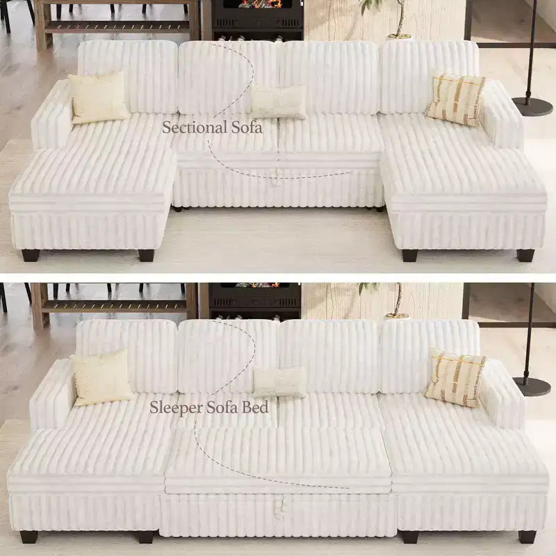 Divano letto componibile modulare Belffin con letto estraibile, in corduroy, doppia chaise longue con contenitore