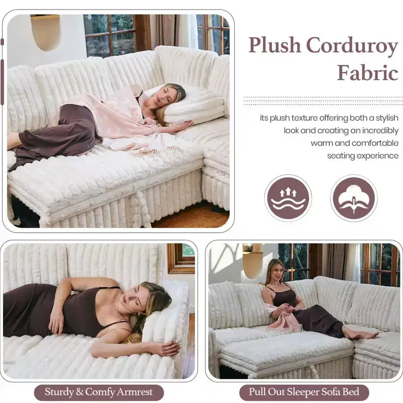 Divano letto componibile modulare Belffin con letto estraibile, in corduroy, doppia chaise longue con contenitore