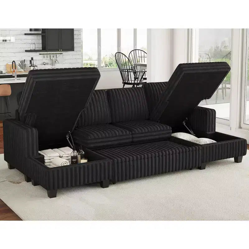 Divano letto componibile modulare Belffin con letto estraibile, in corduroy, doppia chaise longue con contenitore