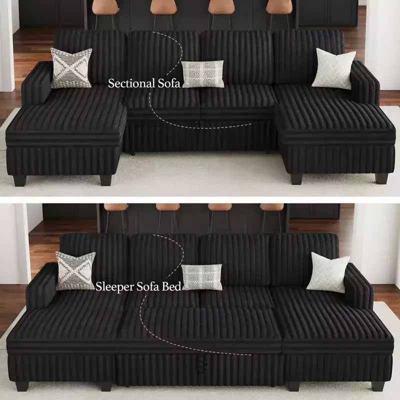 Divano letto componibile modulare Belffin con letto estraibile, in corduroy, doppia chaise longue con contenitore
