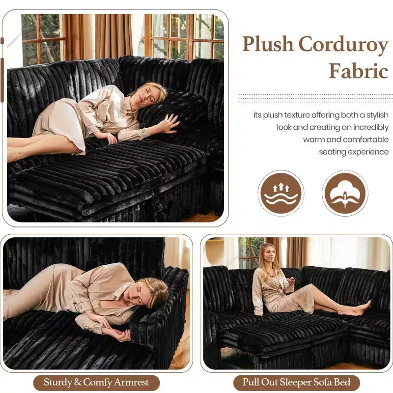 Divano letto componibile modulare Belffin con letto estraibile, in corduroy, doppia chaise longue con contenitore