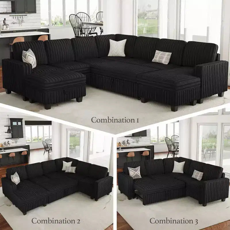 Divano letto componibile modulare Belffin con letto estraibile, in corduroy, doppia chaise longue con contenitore