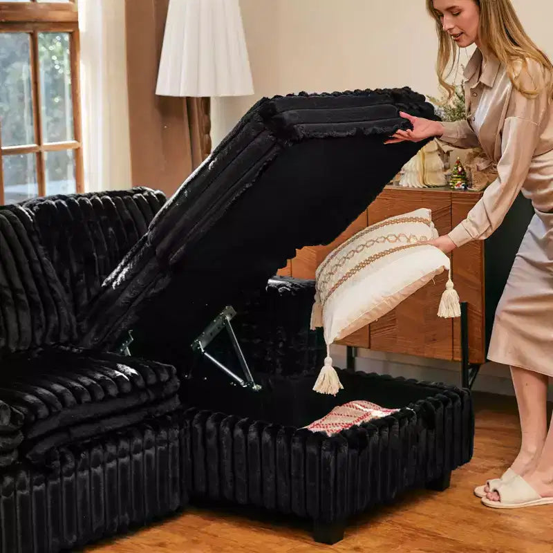 Divano letto componibile modulare Belffin con letto estraibile, in corduroy, doppia chaise longue con contenitore