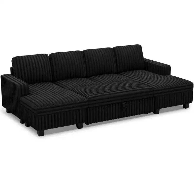 Divano letto componibile modulare Belffin con letto estraibile, in corduroy, doppia chaise longue con contenitore