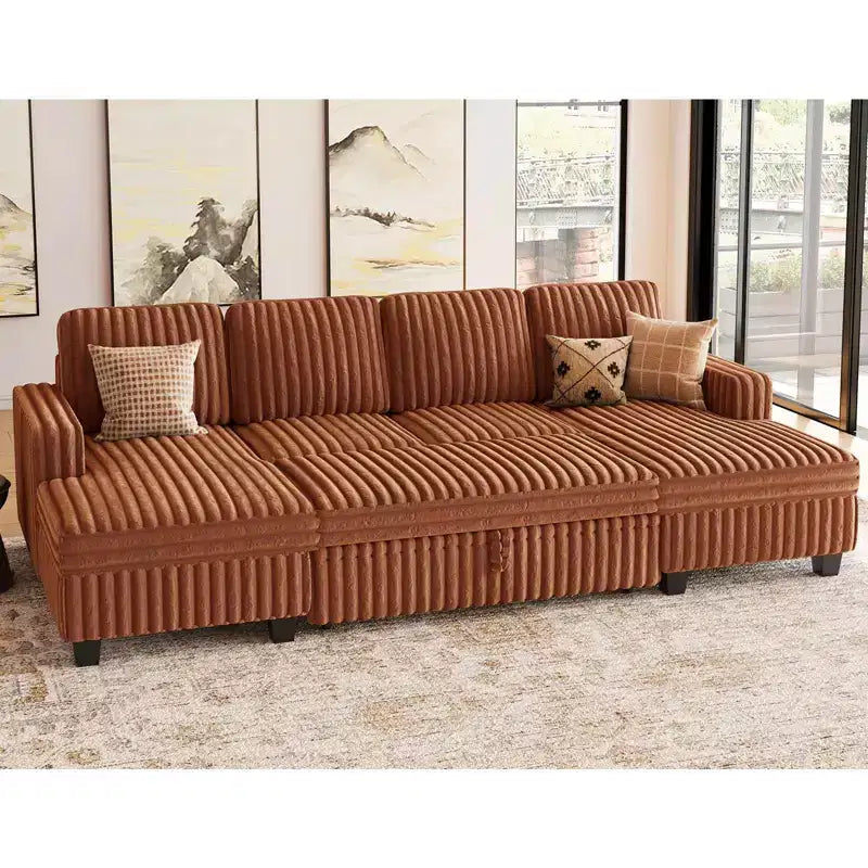 Divano letto componibile modulare Belffin con letto estraibile, in corduroy, doppia chaise longue con contenitore